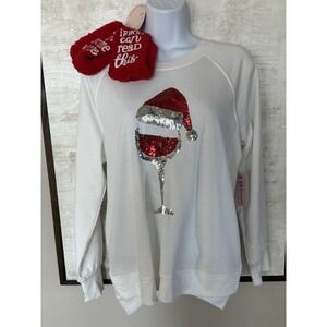 Philosophy Sequin Santa Wine Christmas White Sweatshirt Medium w/ Socks NWT